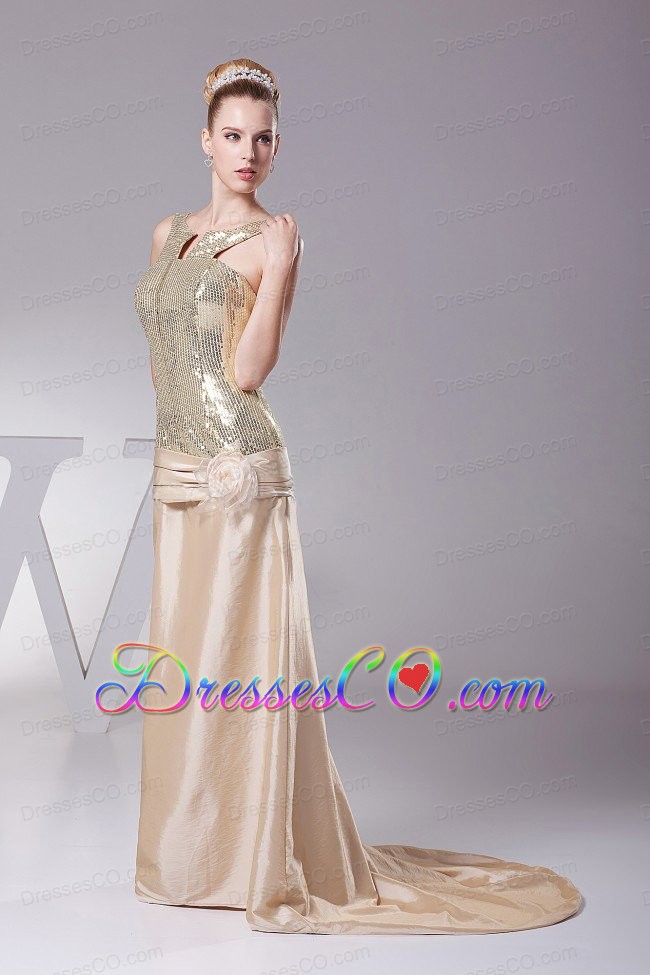 Hand Made Flower Decorate Sequin and Satin Champagne Brush Train Prom Dress