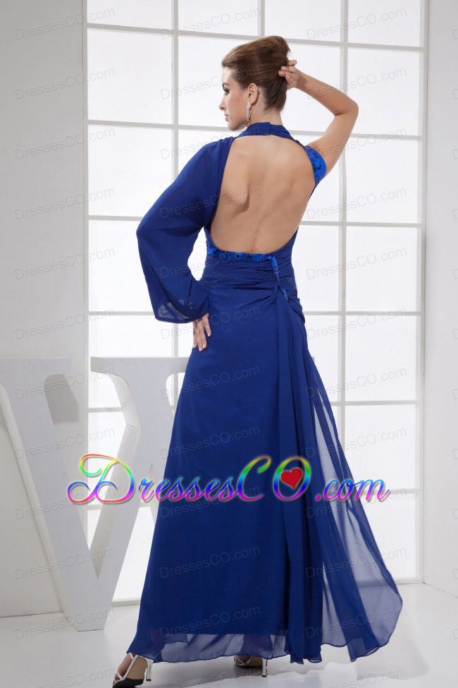 Sequins V-neck Ankle-length Blue Chiffon High Slit Prom Dress