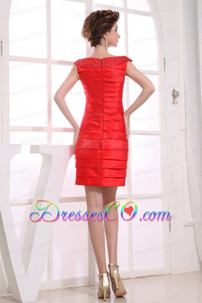 Column Off The Shoulder Mini-length Prom Dress Red Ruched Taffeta
