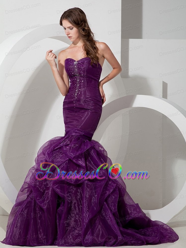 Customize Purple Trumpet / Mermaid Beading Prom Dress Court Train Organza