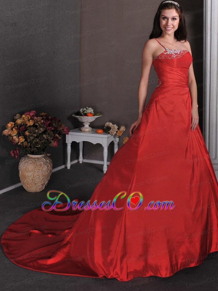 Popular Red Prom Dress A-line One Shoulder Court Train Taffeta Appliques