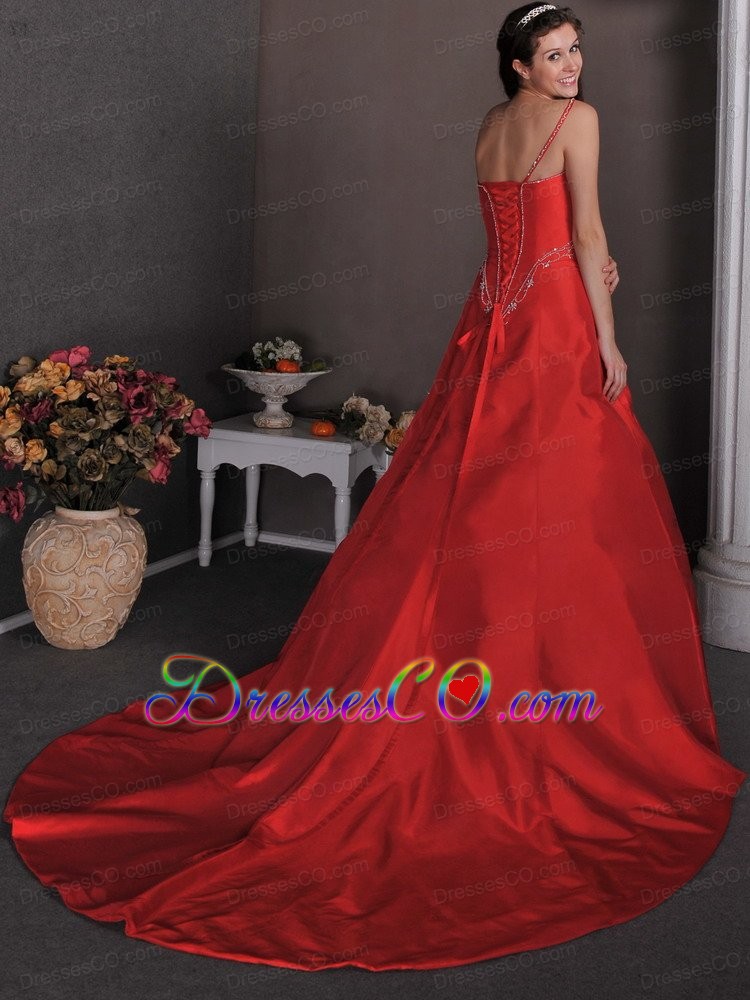 Popular Red Prom Dress A-line One Shoulder Court Train Taffeta Appliques