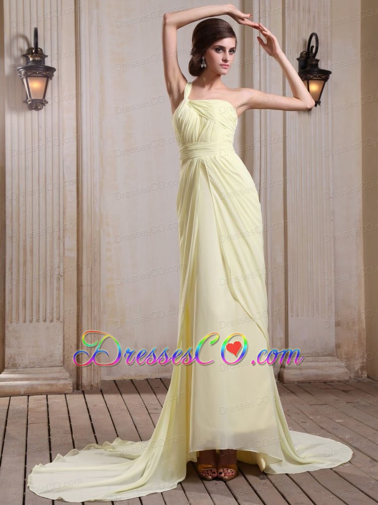 Yellow Green Prom Dress With One Shoulder Court Train Chiffon