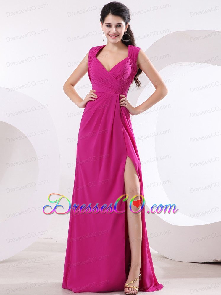 Fuchsia and V-neck For High Slit Prom Dress With Ruching and Brush Train