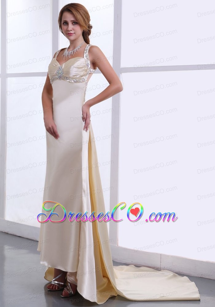 Beading and Ruching Decorate Bodice Champagne Watteau Train Straps Elastic Woven Satin Prom Dress