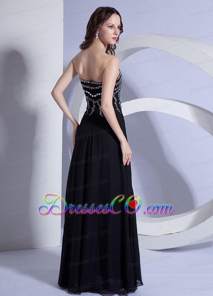 Beading Decorate Bodice High Slit Black Chiffon Long Neckline Prom Dress