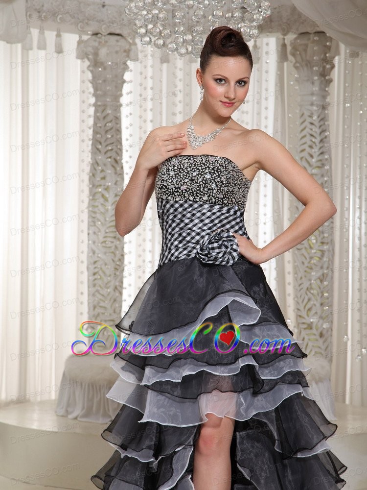 High-Low Strapless Hand Made Flowers Beaded Black lace-up Evening Dress In 2013