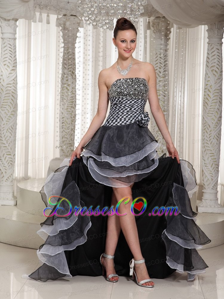 High-Low Strapless Hand Made Flowers Beaded Black lace-up Evening Dress In 2013