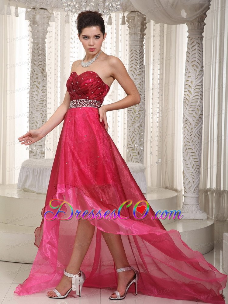 Pink and Wine Red A-line High-low Organza Beading Prom Dress