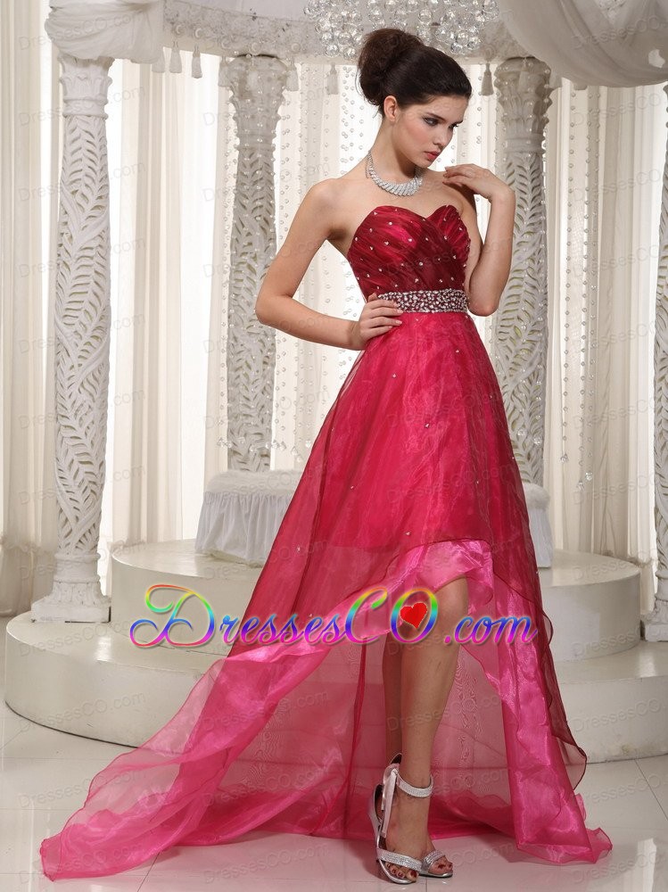 Pink and Wine Red A-line High-low Organza Beading Prom Dress