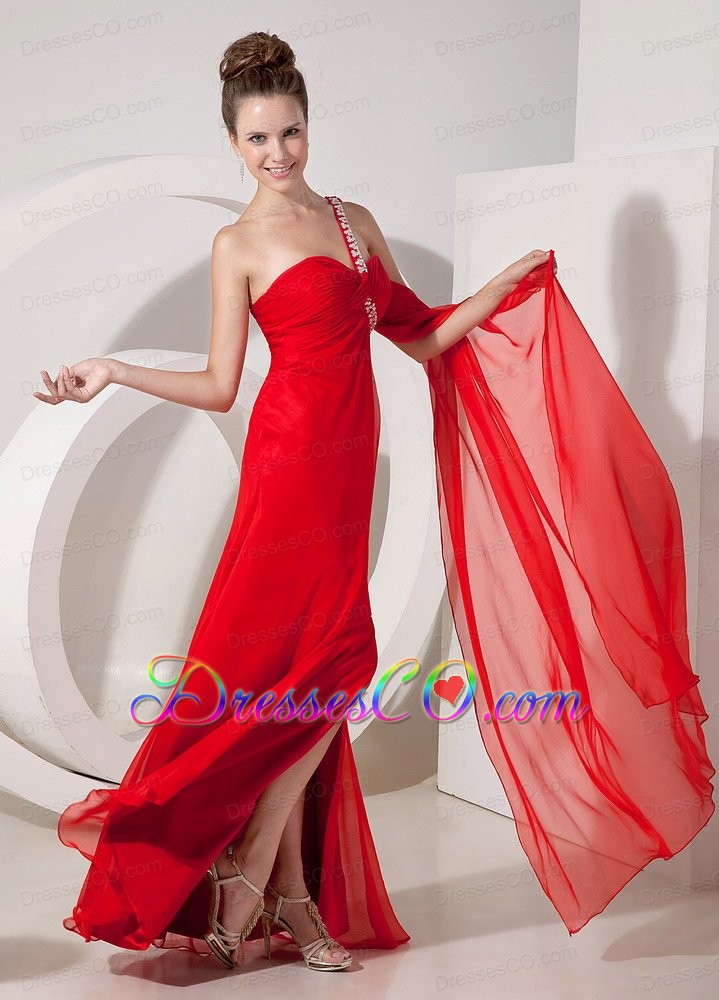 Custom Made Red Empire One Shoulder Prom / Evening Dress Chiffon Beading Watteau Train