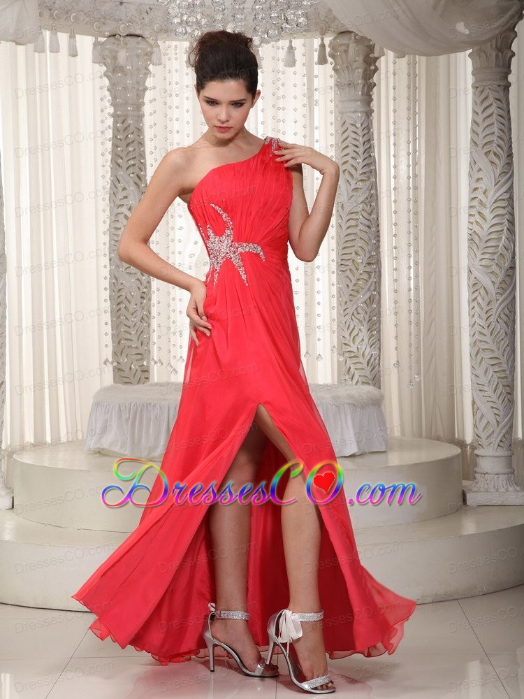 Elegant Empire One Shoulder Long Chiffon Beading Prom / Evening Dress