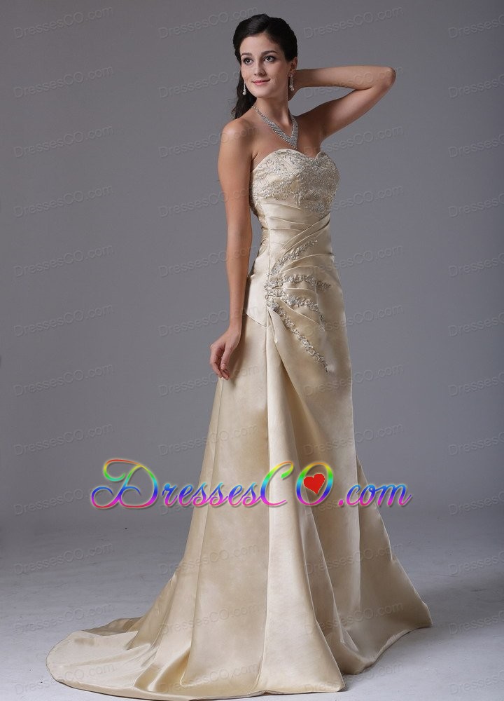 Champagne A-line Appliques Decorate Stylish Prom Dress With Saitn