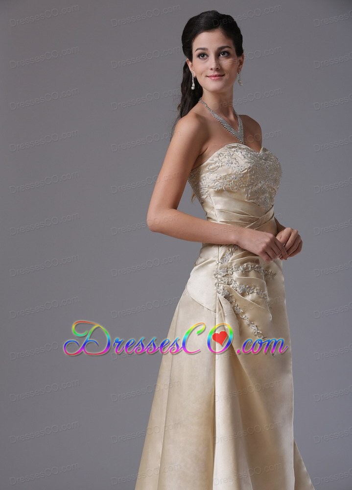 Champagne A-line Appliques Decorate Stylish Prom Dress With Saitn