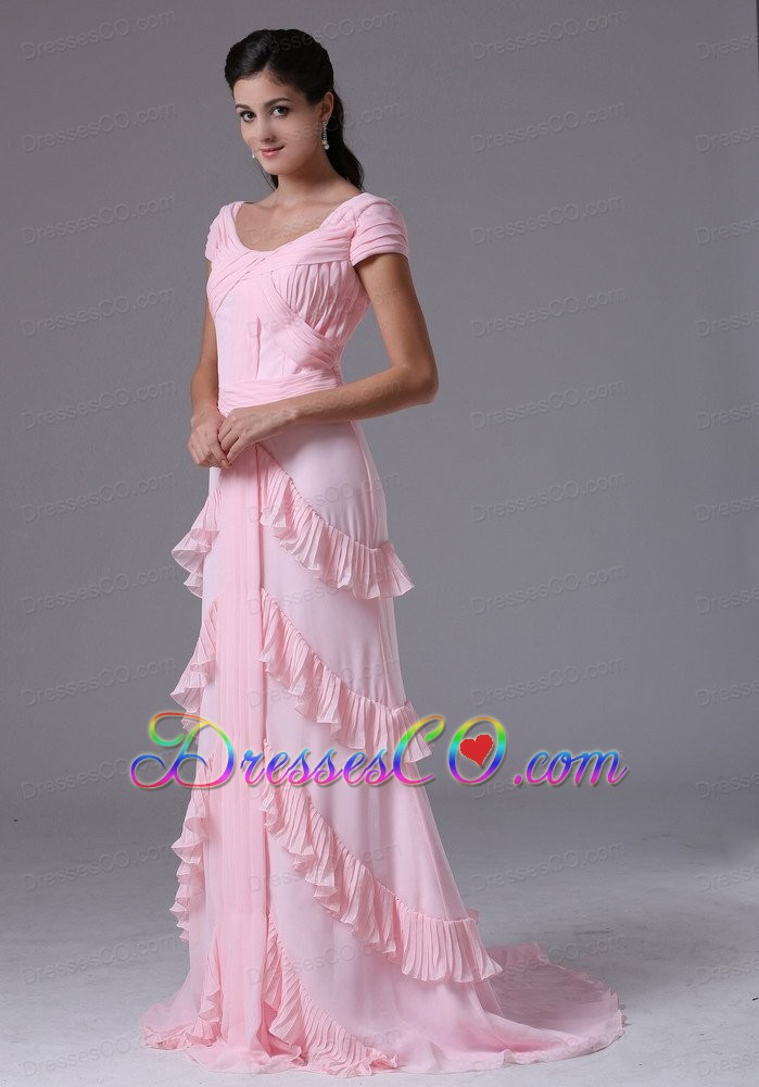 Custom Made Baby Pink Scoop Short Sleeves Column Prom Dress With Ruffed Layers