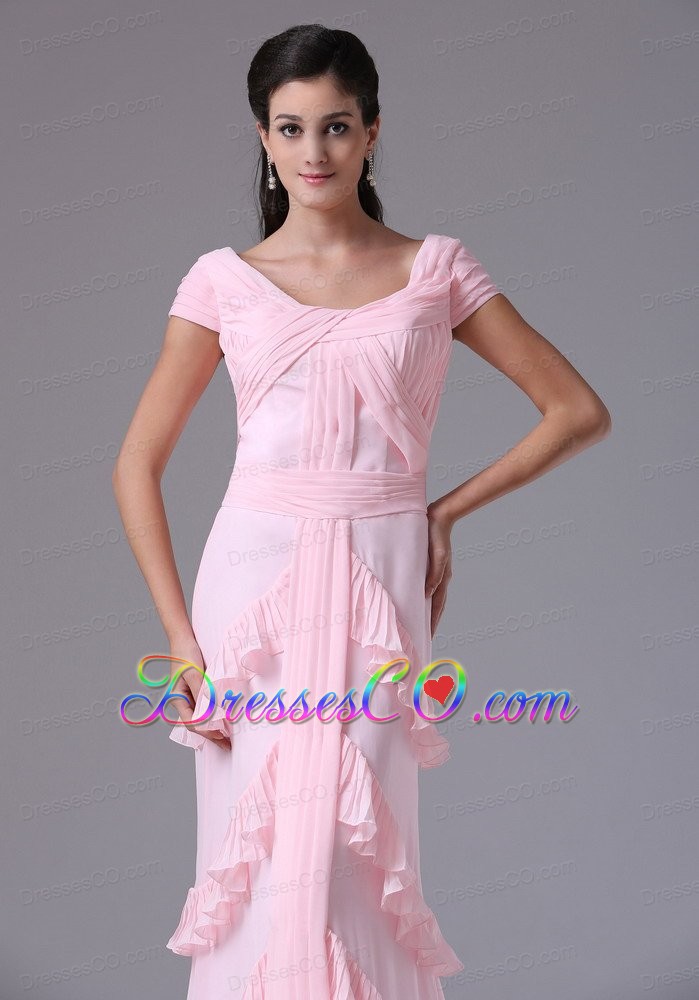 Custom Made Baby Pink Scoop Short Sleeves Column Prom Dress With Ruffed Layers