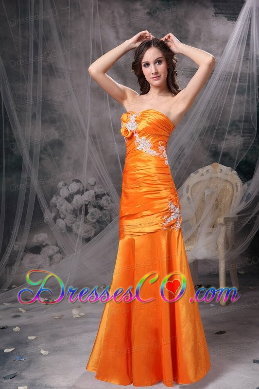 Customize Orange Column Evening Dress Taffeta Appliques And Ruched Long