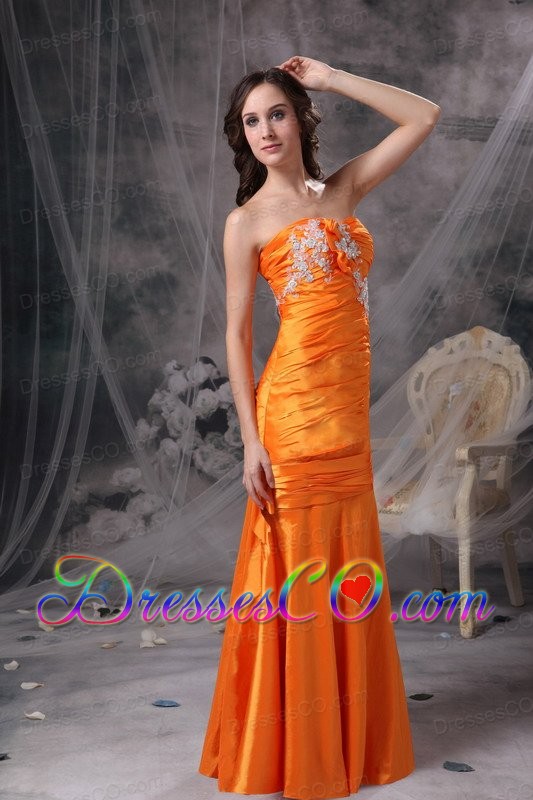 Customize Orange Column Evening Dress Taffeta Appliques And Ruched Long