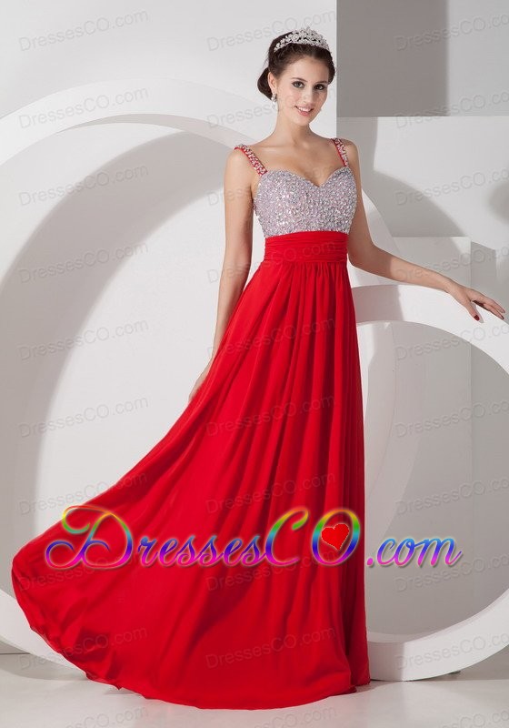 Pretty Red Empire Straps Prom Dress Chiffon Beading And Ruched Long