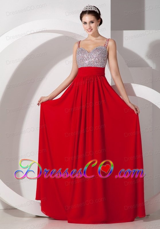 Pretty Red Empire Straps Prom Dress Chiffon Beading And Ruched Long