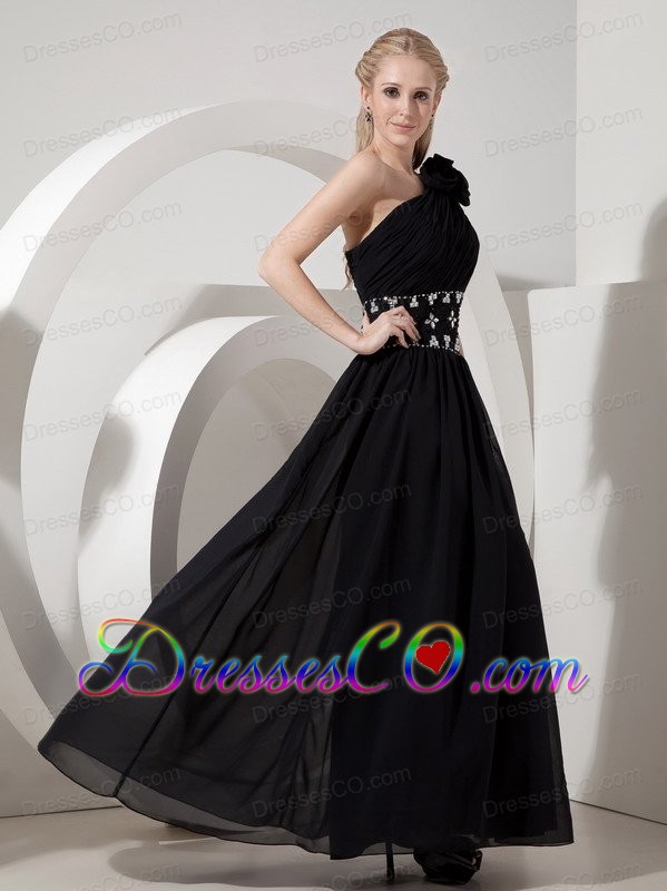 Popular Column One Shoulder Little Black Dress Chiffon Beading Ankle-length