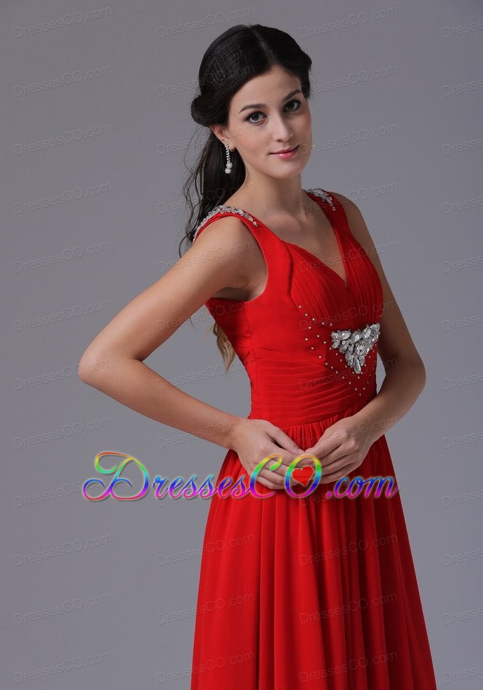 Stylish Red V-neck Beading And Ruching Prom Celebrity Dress With Long