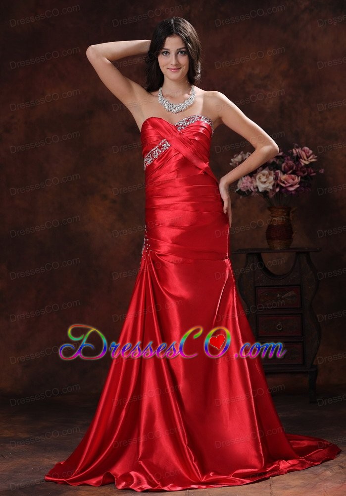 A-line Red Evening Dress With Brush Train Beaded Decotare On Satin