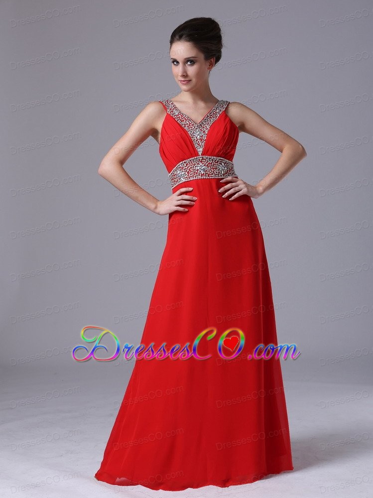 Beaded Decorate Shoulder Empire Chiffon Red V-neck Prom Dress Long