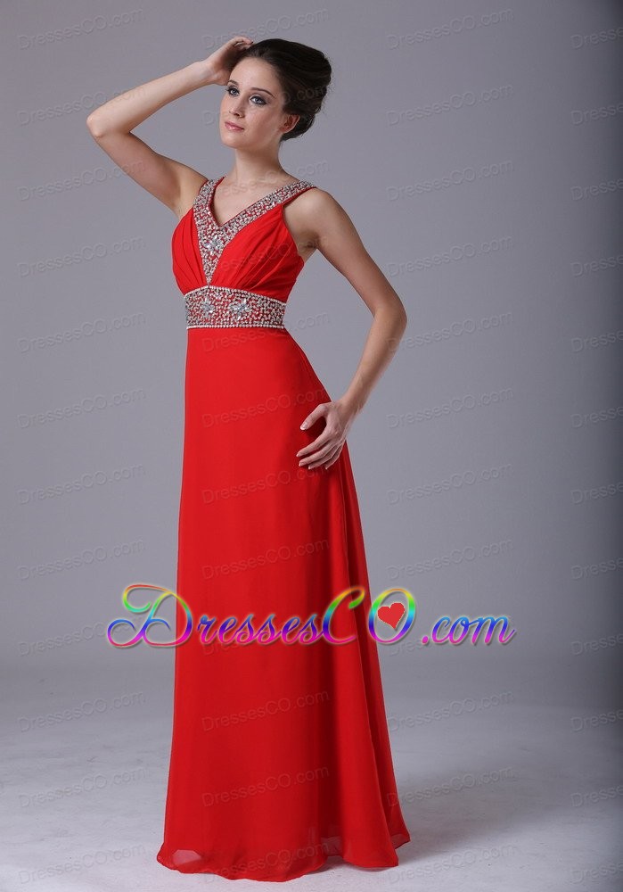 Beaded Decorate Shoulder Empire Chiffon Red V-neck Prom Dress Long
