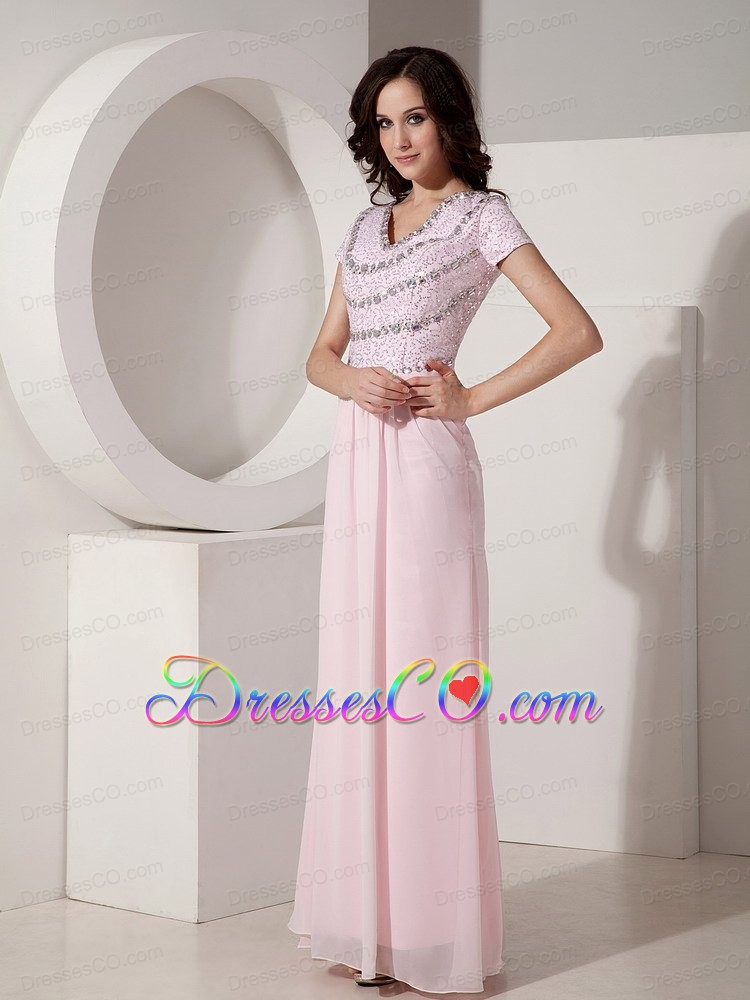 Simple Baby Pink Empire V-neck Evening Dress Chiffon Beading Long