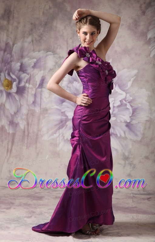 Beautiful Eggplant Purple Column One Shoulder Prom Dress Taffeta Beading And Hand Made Flowers Long