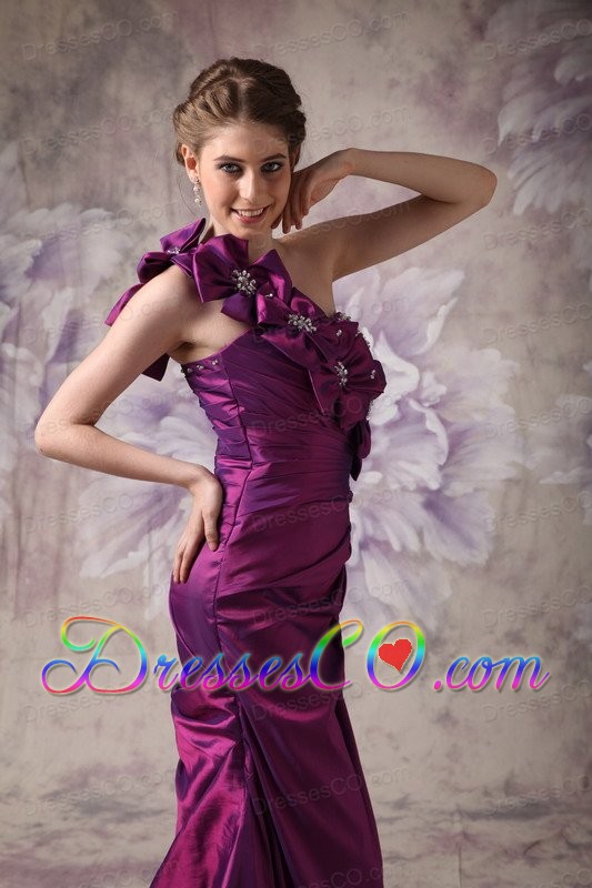Beautiful Eggplant Purple Column One Shoulder Prom Dress Taffeta Beading And Hand Made Flowers Long