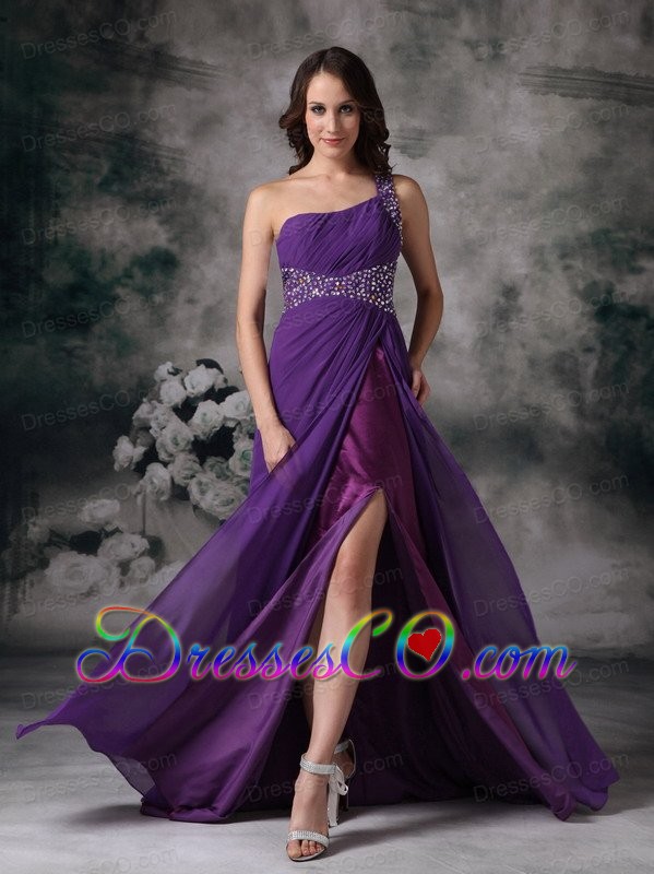 Purple Empire One Shoulder Prom / Evening Dress Chiffon Beading