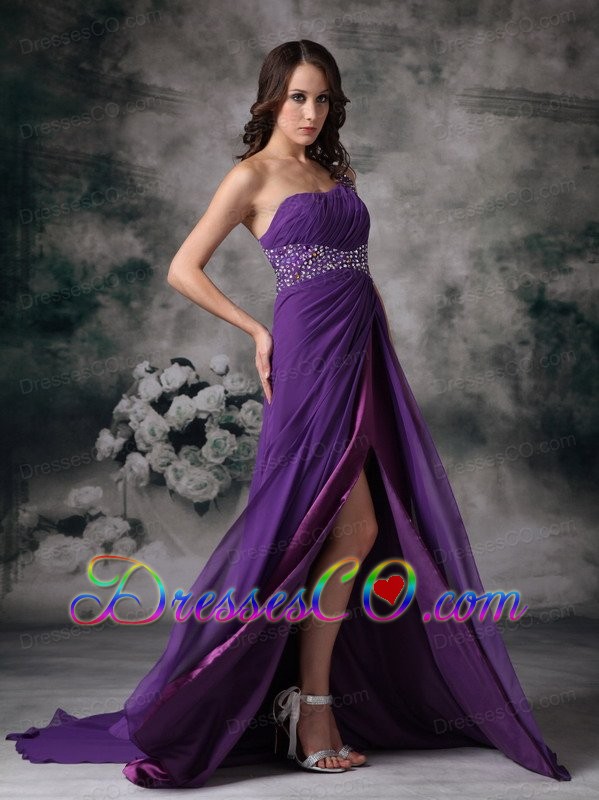 Purple Empire One Shoulder Prom / Evening Dress Chiffon Beading