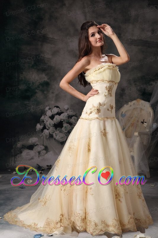Customize A-Line / Princess Celebrity Dress Strapless Organza Embroidery Brush Train