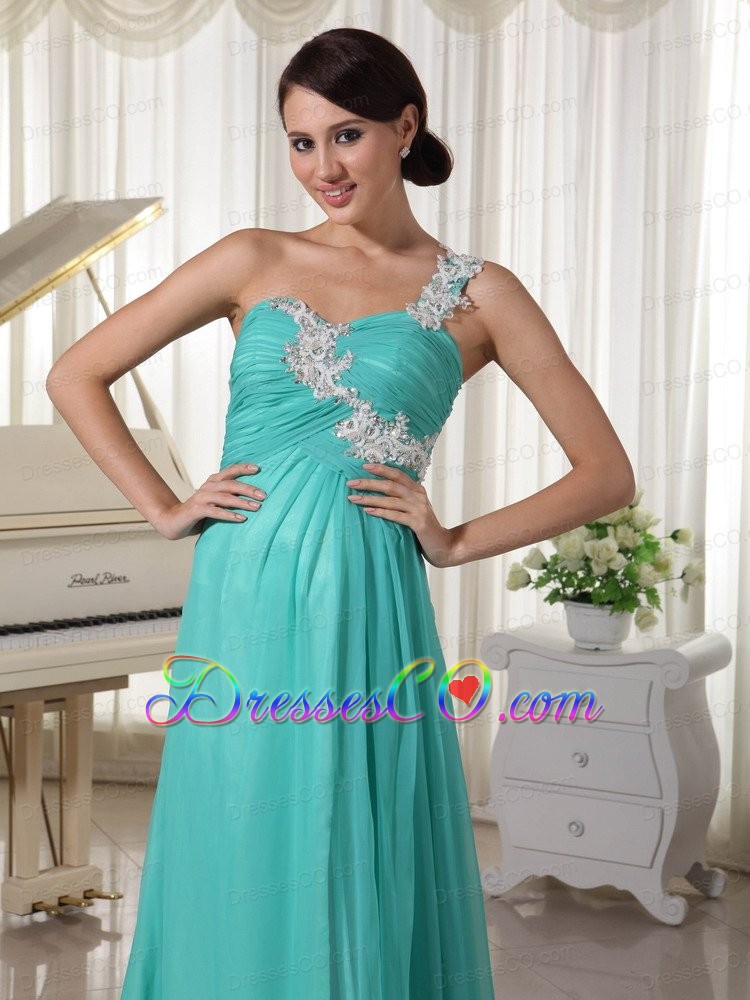 Turquoise Appliques Decorate One Shoulder and Bust Sexy Prom Dress With High Slit Chiffon and Elastic Woven Satin Brush Train