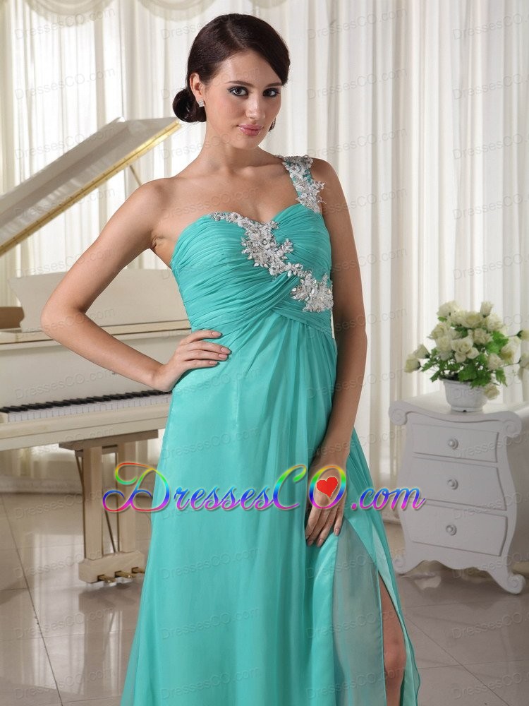 Turquoise Appliques Decorate One Shoulder and Bust Sexy Prom Dress With High Slit Chiffon and Elastic Woven Satin Brush Train