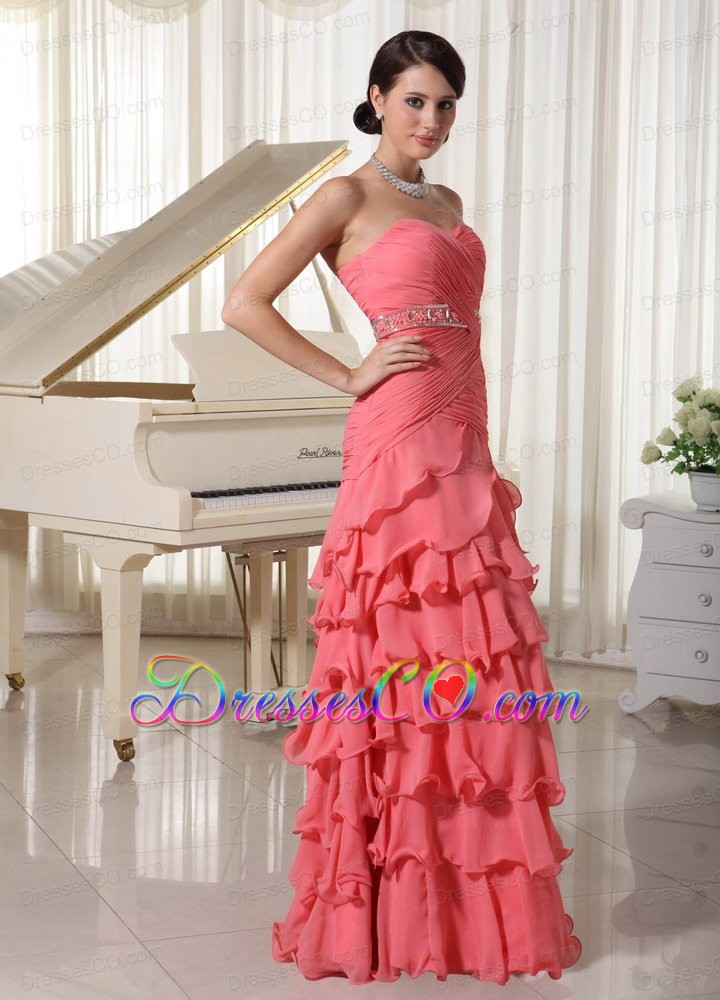 Watermelon Red Chiffon Layered Column Prom Dress With Ruched Up Bodice and Beading Decorate Waist