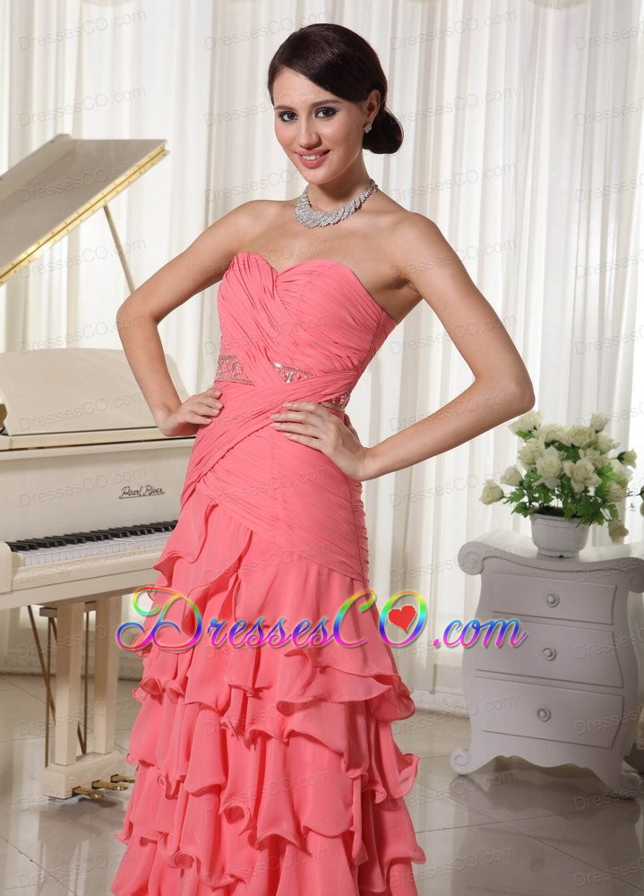Watermelon Red Chiffon Layered Column Prom Dress With Ruched Up Bodice and Beading Decorate Waist