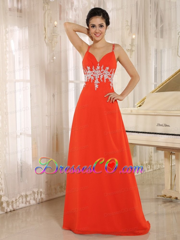 Red New Style Prom Celebrity Dress With Spaghetti Straps Appliques Decorate Waist