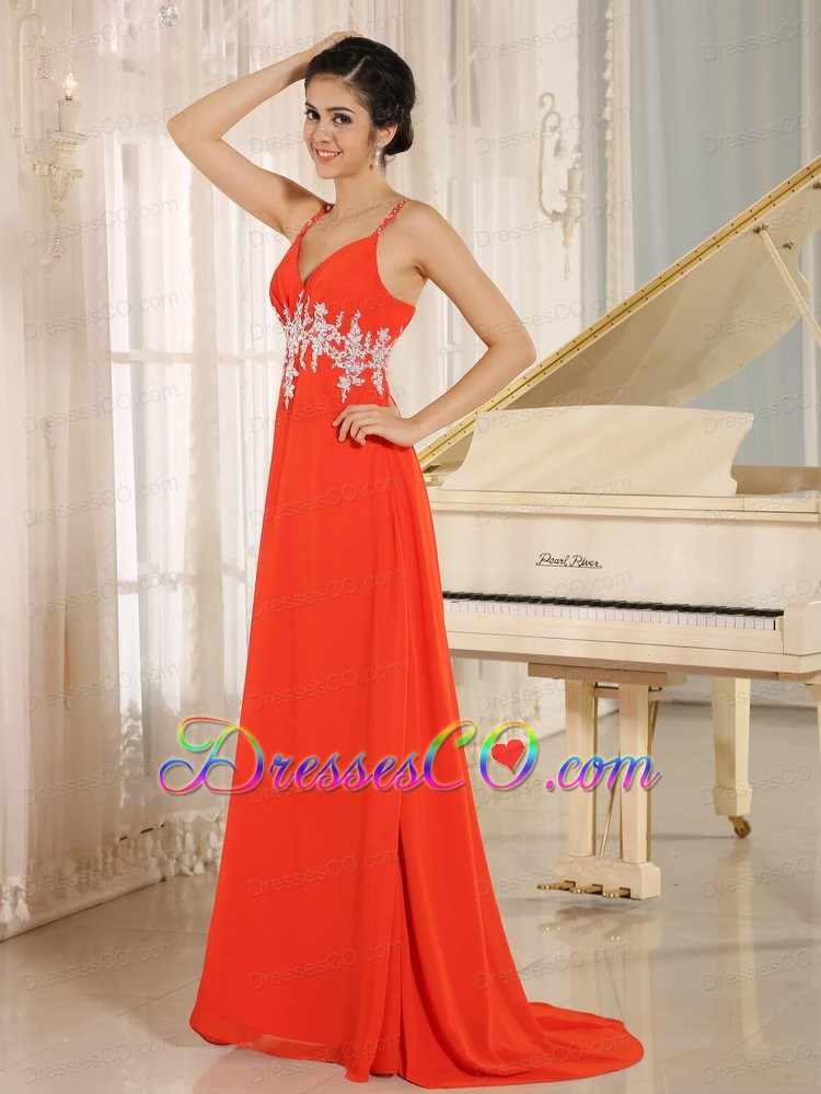 Red New Style Prom Celebrity Dress With Spaghetti Straps Appliques Decorate Waist