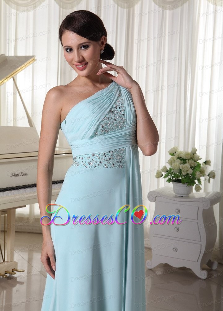 One Shoulder Chiffon Beaded Prom Dress For Custom Made Light Blue