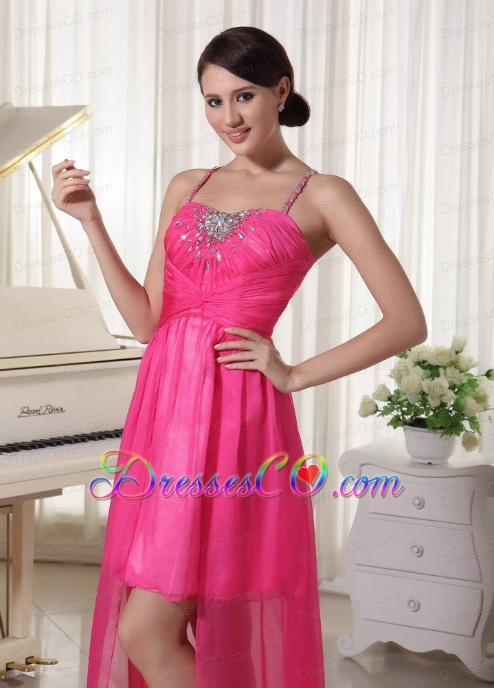 Hot Pink Spaghetti Straps Beaded High-low Prom / Homecoming Dress Chiffon