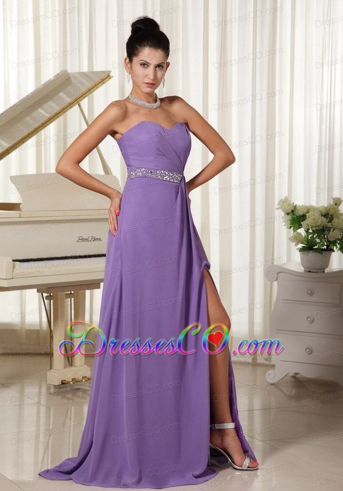 Lilac High Slit With Beaded Decorate Waist Customer Made Prom Dress