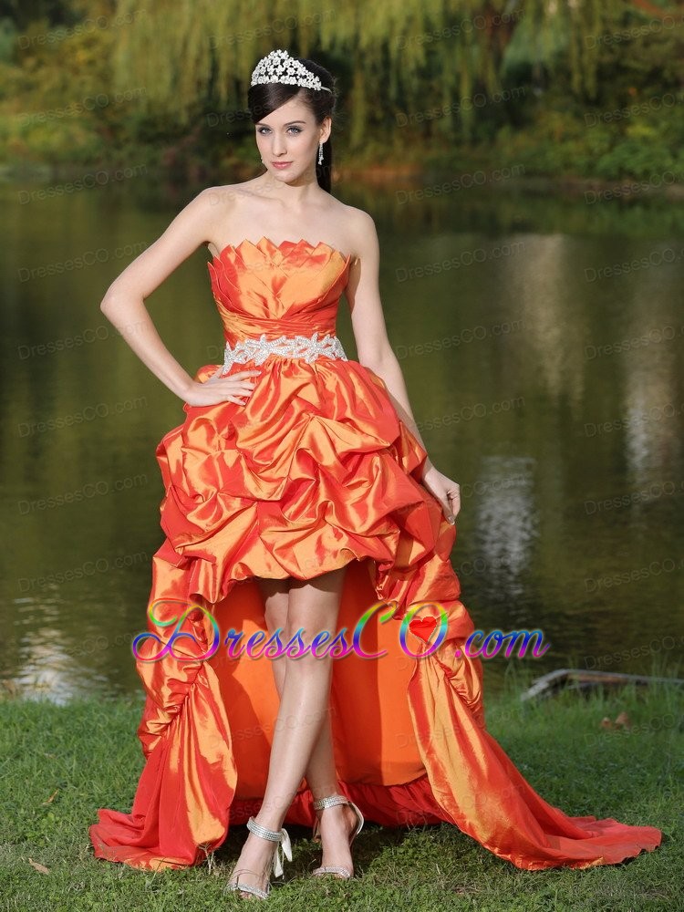 High-Low Orange Red Taffeta Prom Dress Celebrity With Strapless Lace-up