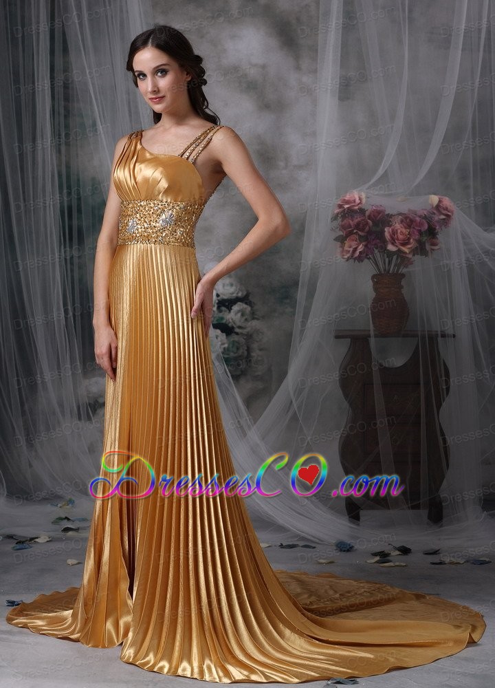 Gorgeous Gold Empire Asymmetrical Evening Dress Elastic Woven Satin Beading Court Train