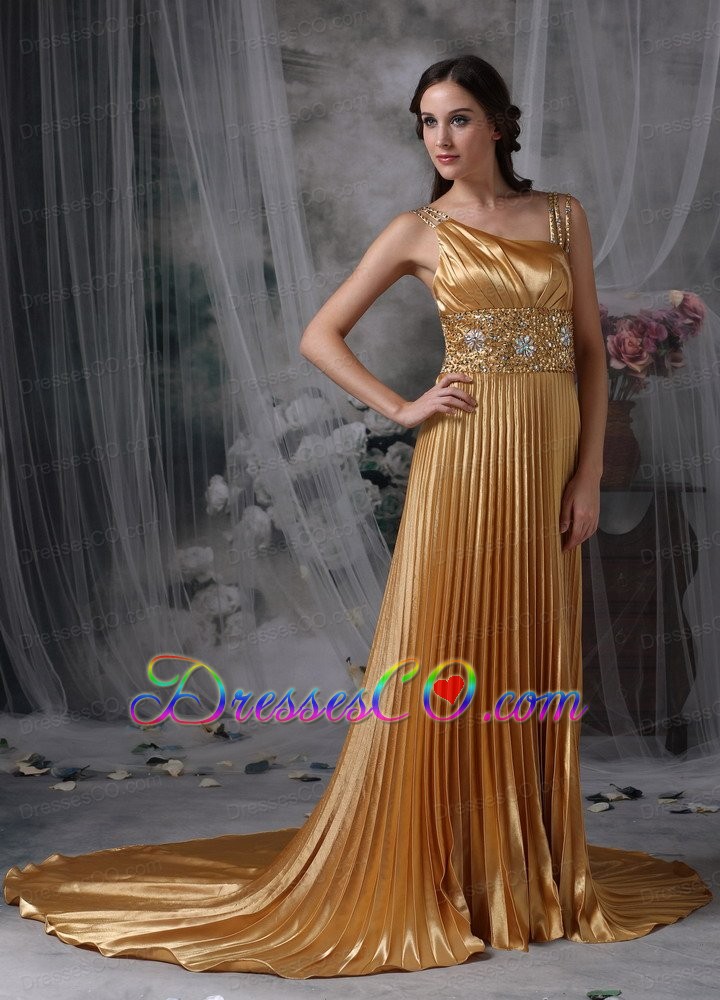 Gorgeous Gold Empire Asymmetrical Evening Dress Elastic Woven Satin Beading Court Train