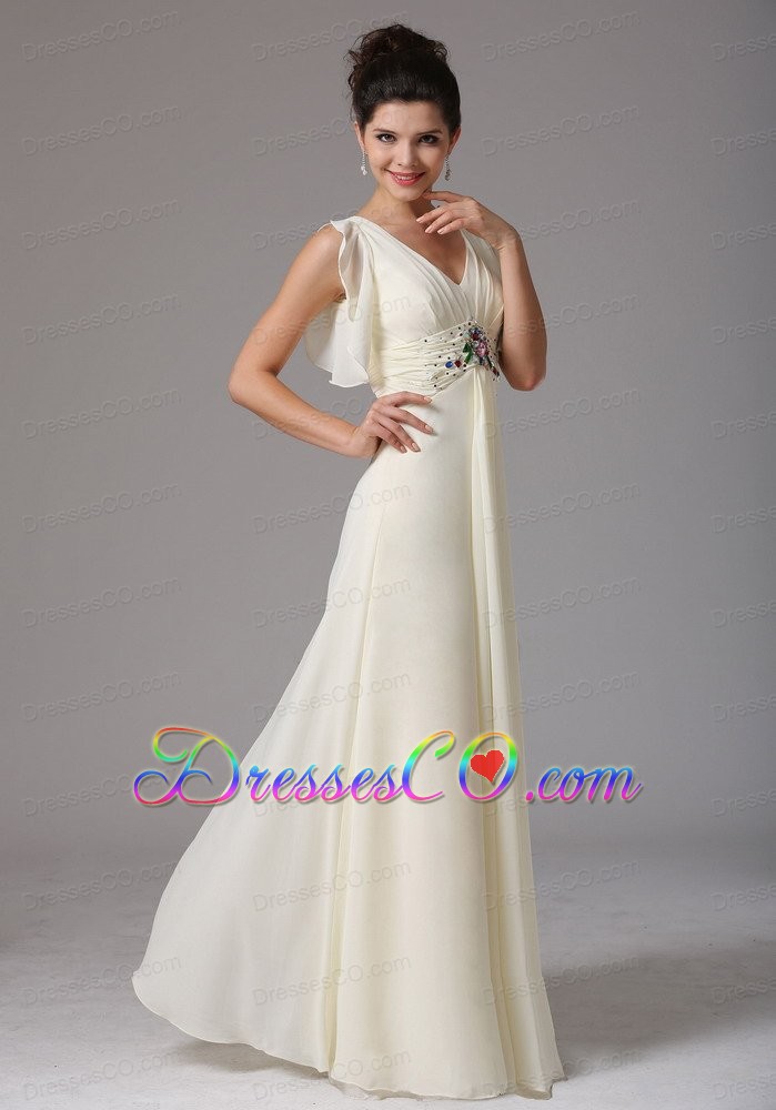 Wholesale Light Yellow Empire V-neck Prom Dress With Beading