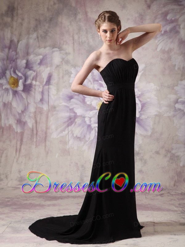 Modest Black Cheap Prom Dress Column Brush Train Chiffon Ruching