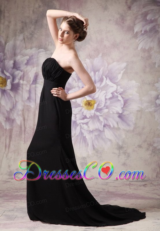 Modest Black Cheap Prom Dress Column Brush Train Chiffon Ruching